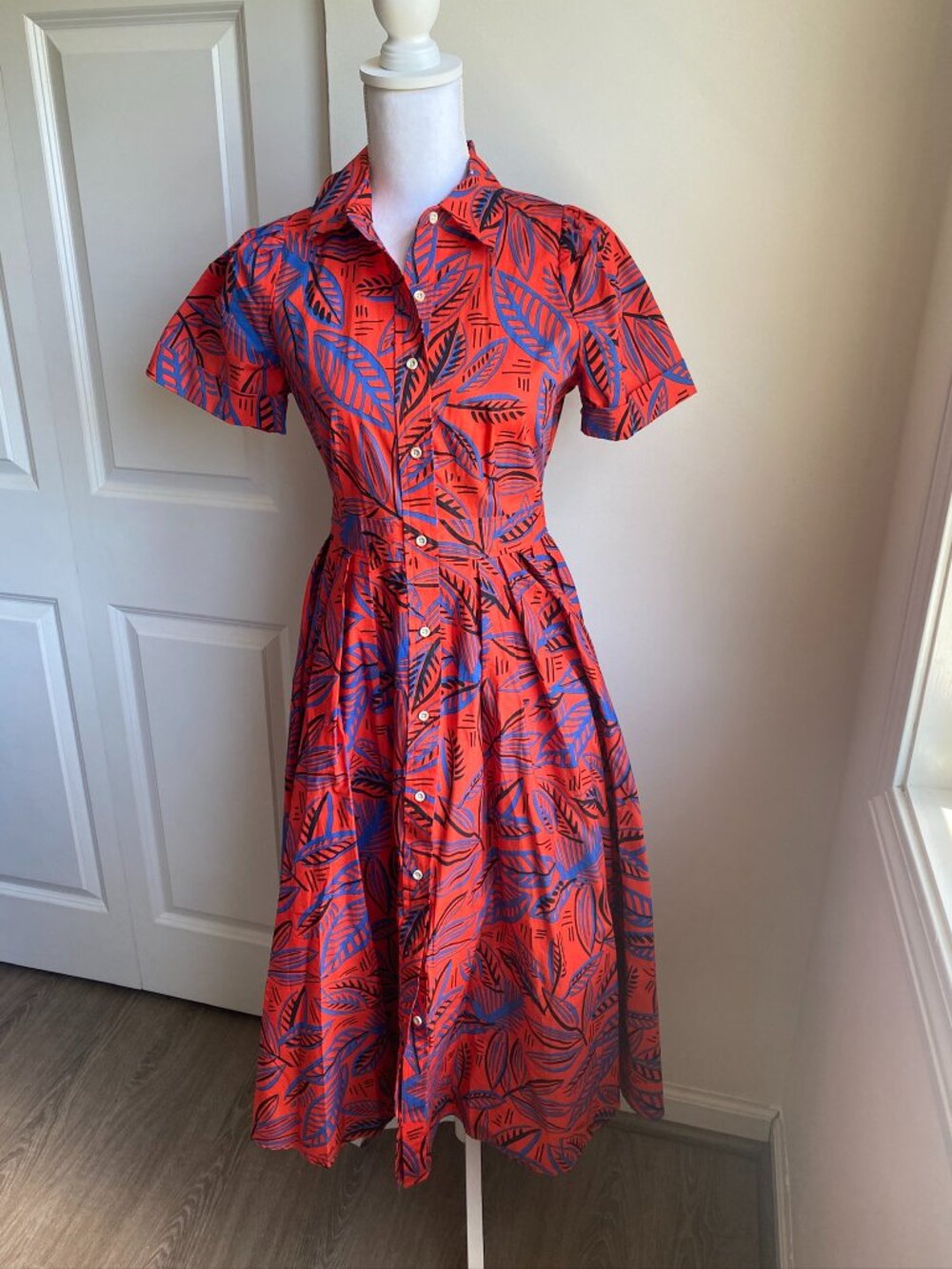 Tropical Leaf Print Shirt Dress Fit & Flare Button Front Maxi Dress Size XS